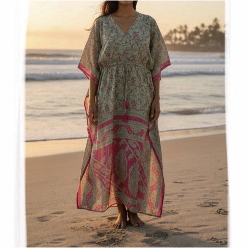 Dolma Kaftan Maxi Dress Green Pink Floral Paisley Drawstring Waist OSFM XS-XL